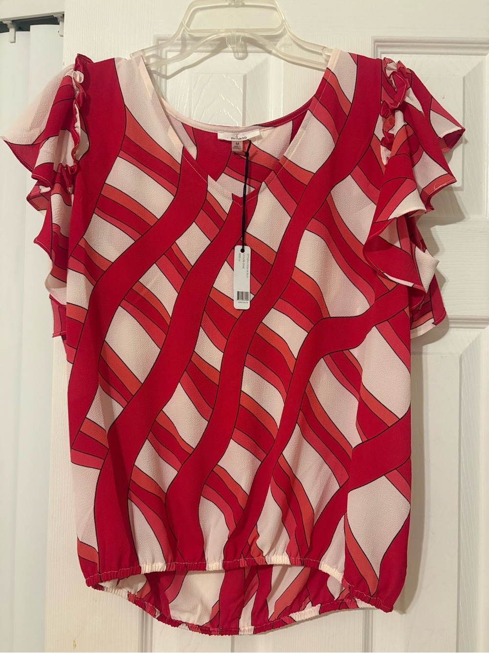 Milano Red and Pink Wave Ruffle Sleeve Blouse
